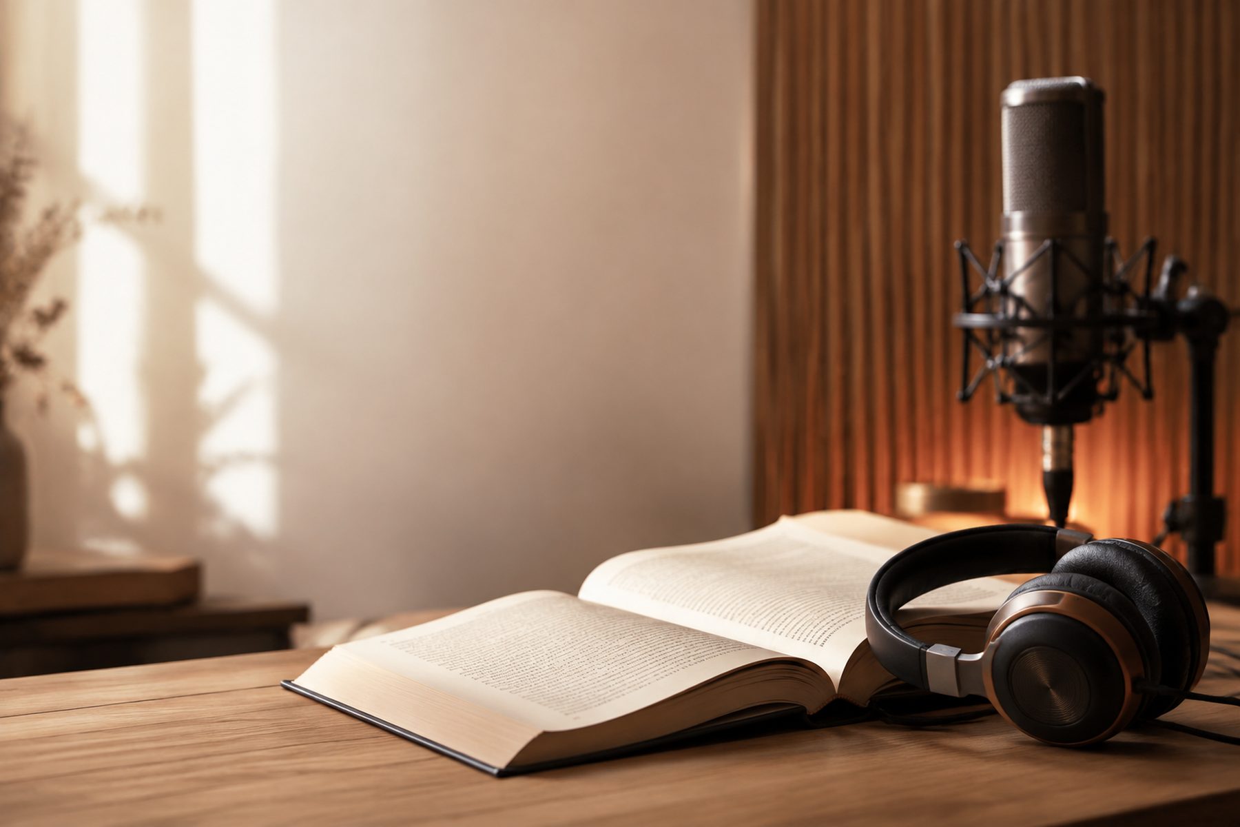 An open book with headphones and a studio microphone on a wooden table in warm light