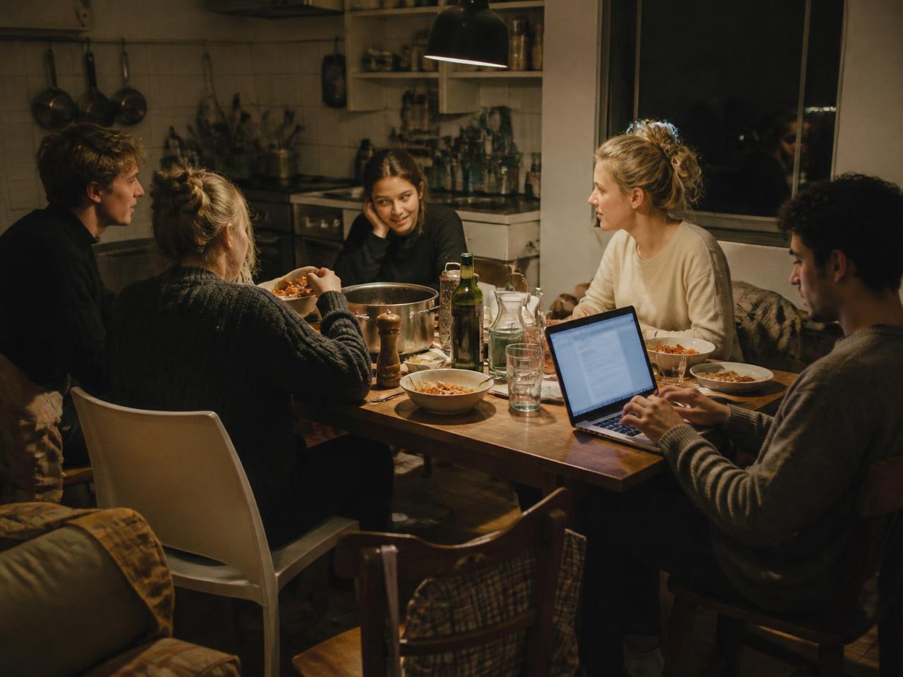 A shared-flat evening in a kitchen: friends eat together while one person works on a laptop