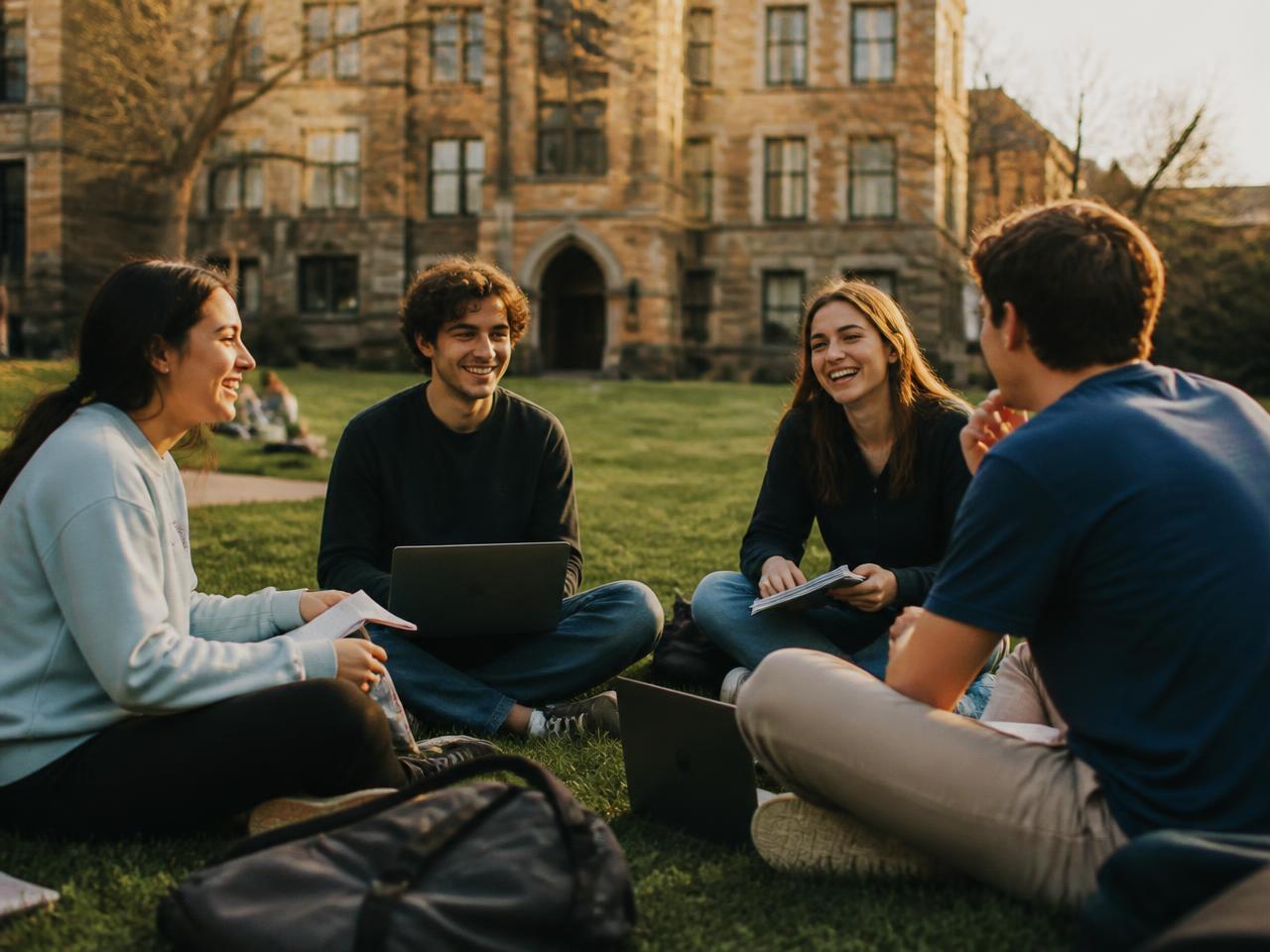 Students sit with laptops and notebooks on a lawn in front of a university building