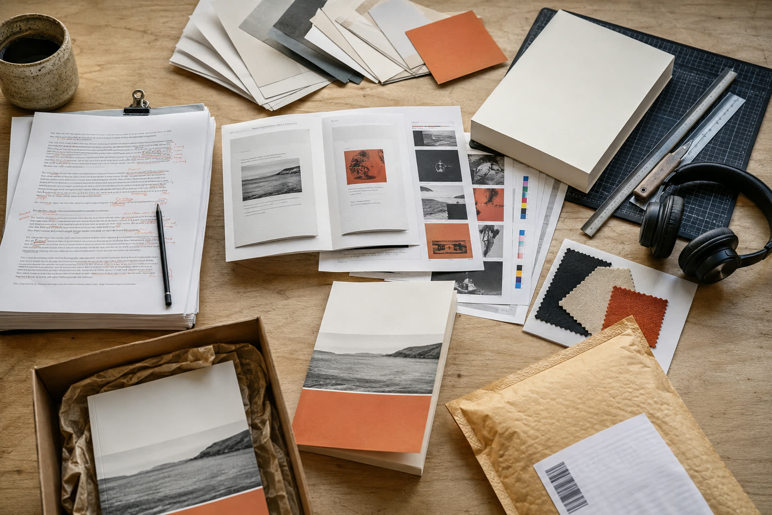 From the corrected manuscript through paper and cover samples to the finished book and audio edition.